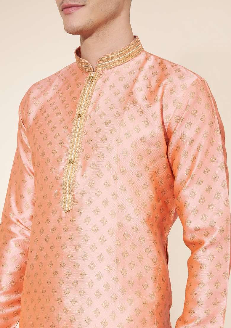 Peach Printed Jacquard Kurta Set For Men - Indya