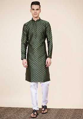 Green Printed Jacquard Kurta Set For Men