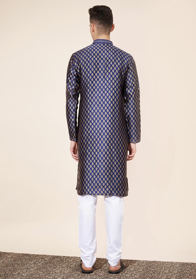 Blue Printed Jacquard Kurta Set For Men - Indya