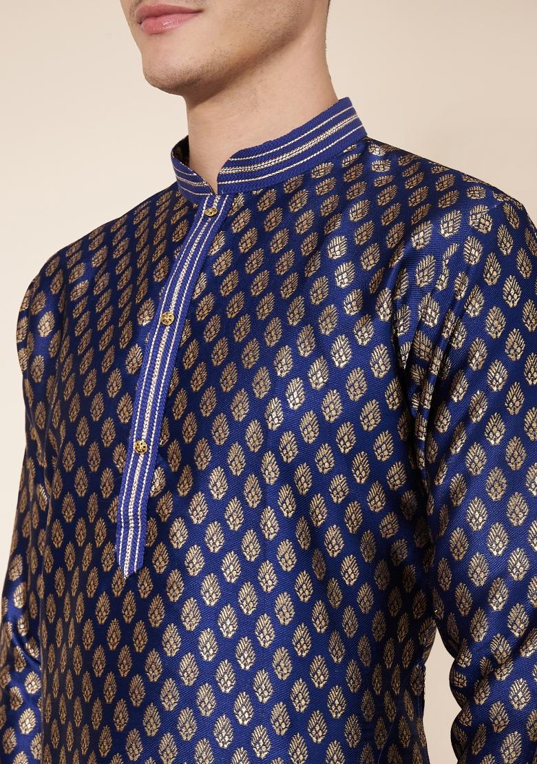 Blue Printed Jacquard Kurta Set For Men - Indya