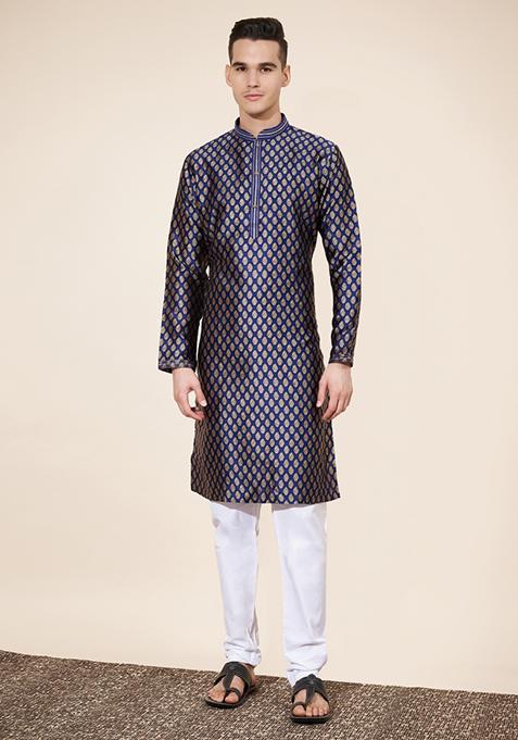 Blue Printed Jacquard Kurta Set For Men