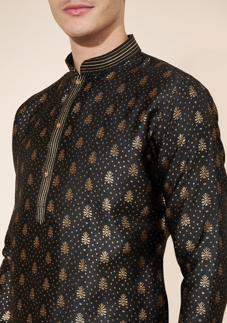 Black Printed Jacquard Kurta Set For Men - Indya