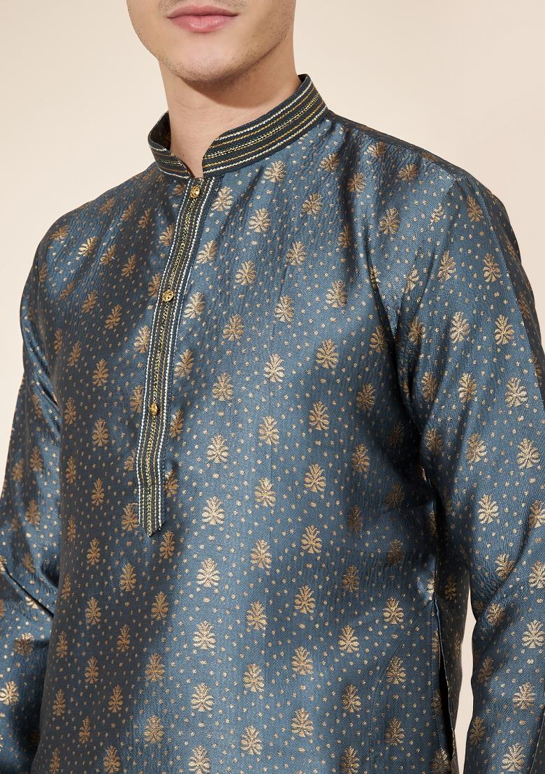 Grey Printed Jacquard Kurta Set For Men - Indya