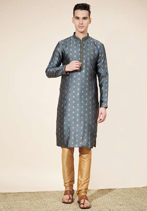 Grey Printed Jacquard Kurta Set For Men