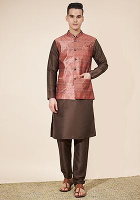 Peach Embroidered Jacquard Nehru Jacket Set For Men