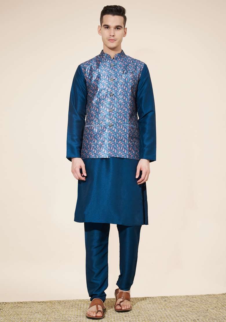Rama Green Embroidered Jacquard Nehru Jacket Set For Men - Indya