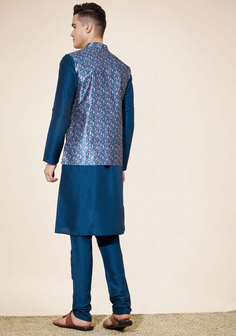 Rama Green Embroidered Jacquard Nehru Jacket Set For Men - Indya