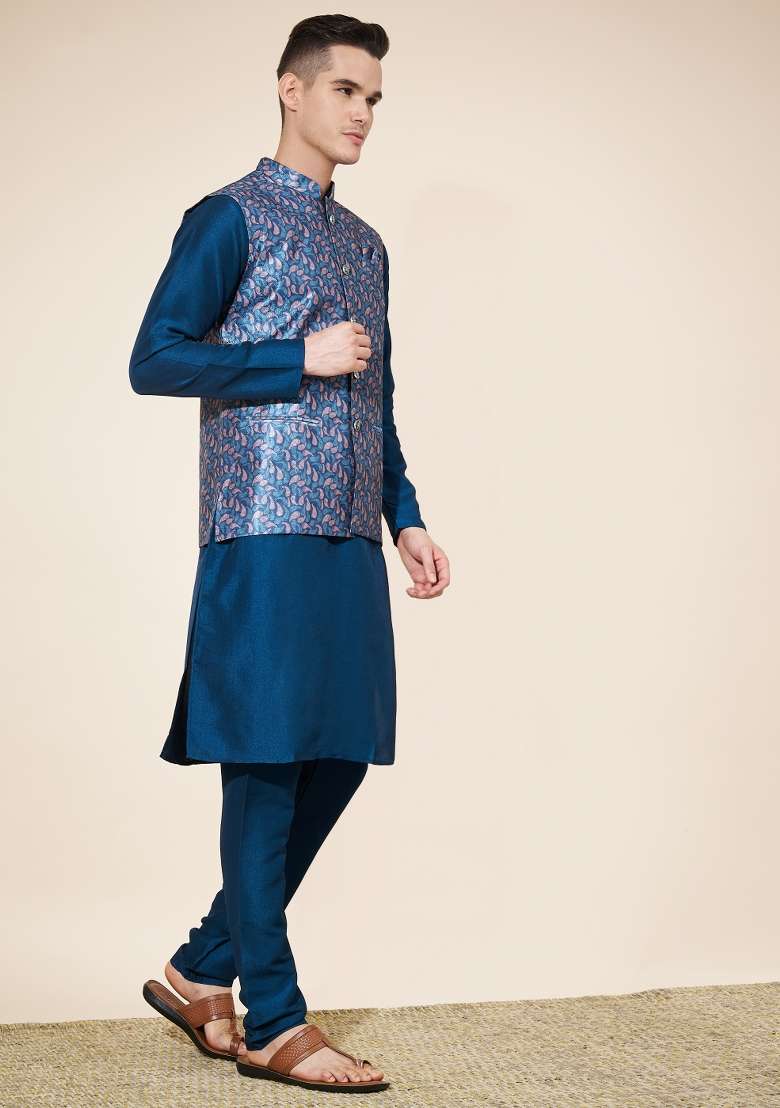 Rama Green Embroidered Jacquard Nehru Jacket Set For Men - Indya