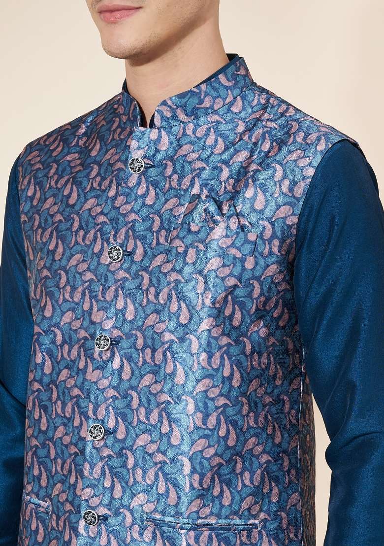 Rama Green Embroidered Jacquard Nehru Jacket Set For Men - Indya