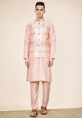 Pink Embroidered Jacquard Nehru Jacket Set For Men