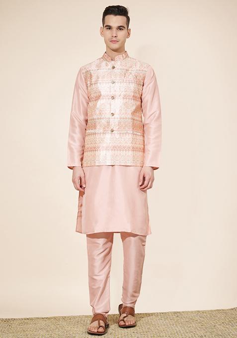 Pink Embroidered Jacquard Nehru Jacket Set For Men