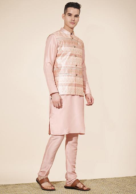 Mens Nehru Jacket in Pink Jacquard
