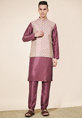 Rani Pink Embroidered Jacquard Nehru Jacket Set For Men