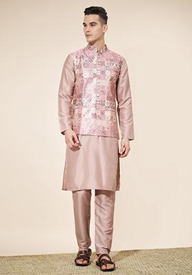 Peach Embroidered Jacquard Nehru Jacket Set For Men