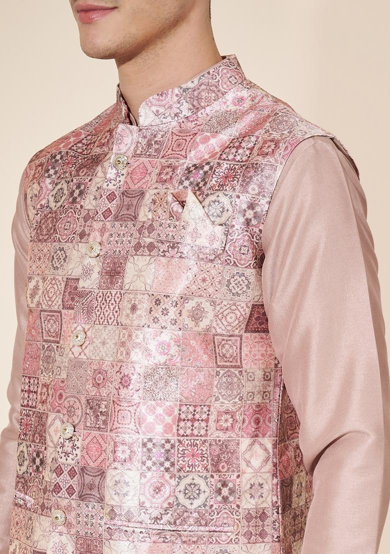 Peach Embroidered Jacquard Nehru Jacket Set For Men - Indya