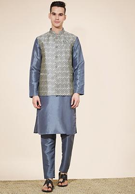 Grey Embroidered Jacquard Nehru Jacket Set For Men