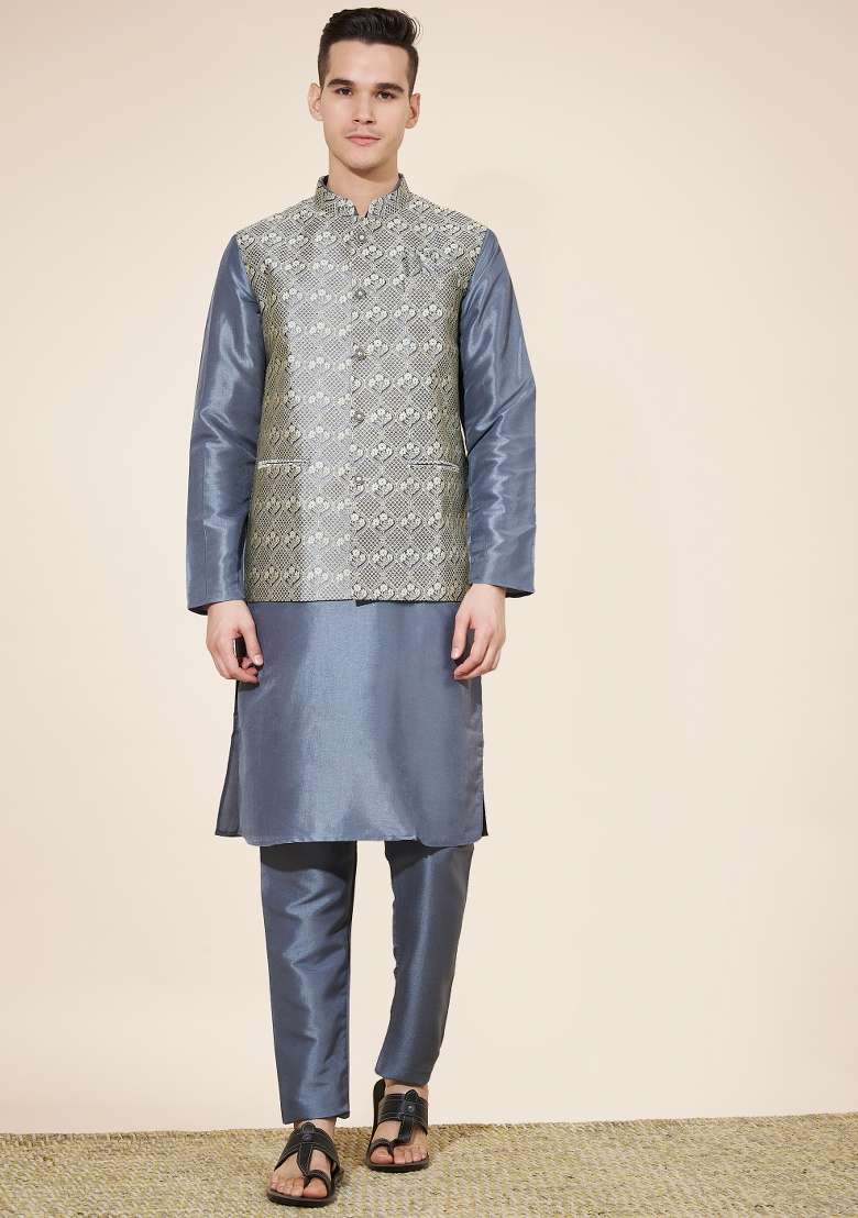 Grey Embroidered Jacquard Nehru Jacket Set For Men - Indya