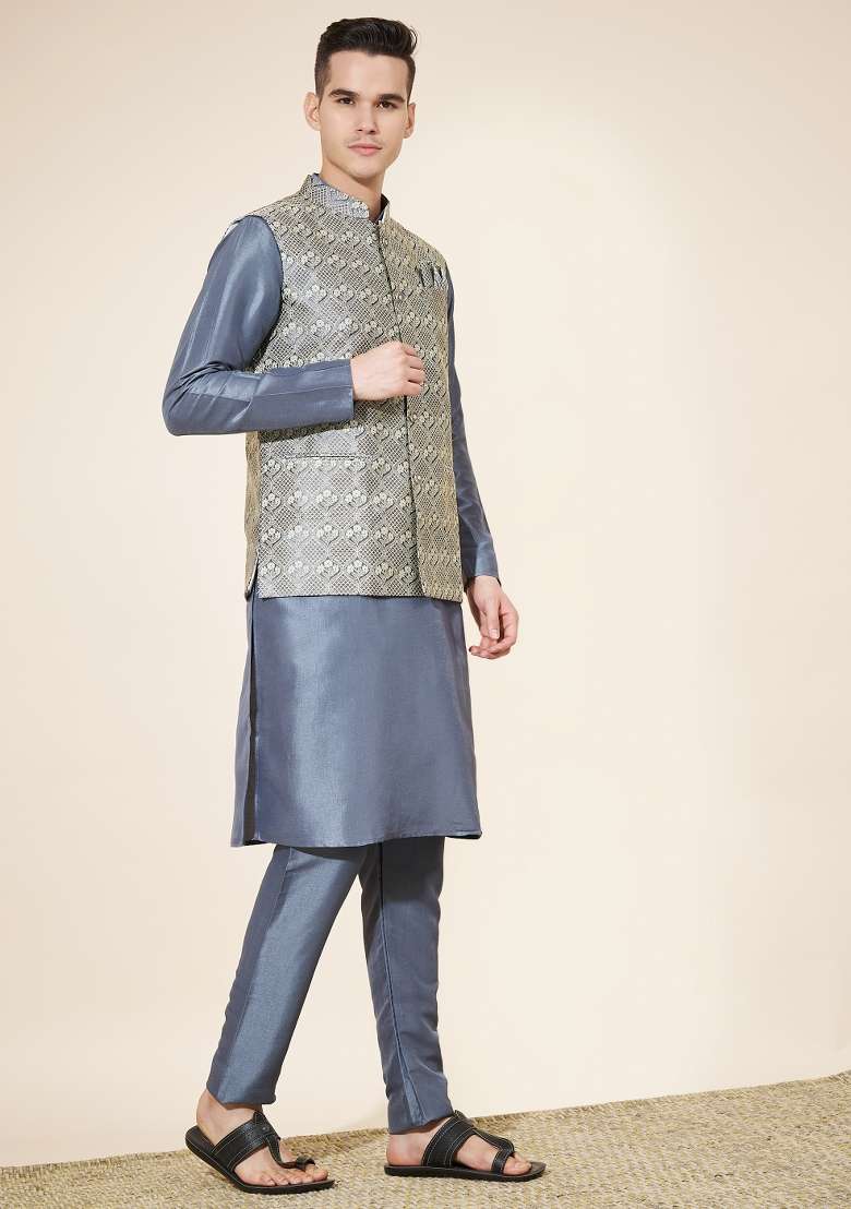 Grey Embroidered Jacquard Nehru Jacket Set For Men - Indya
