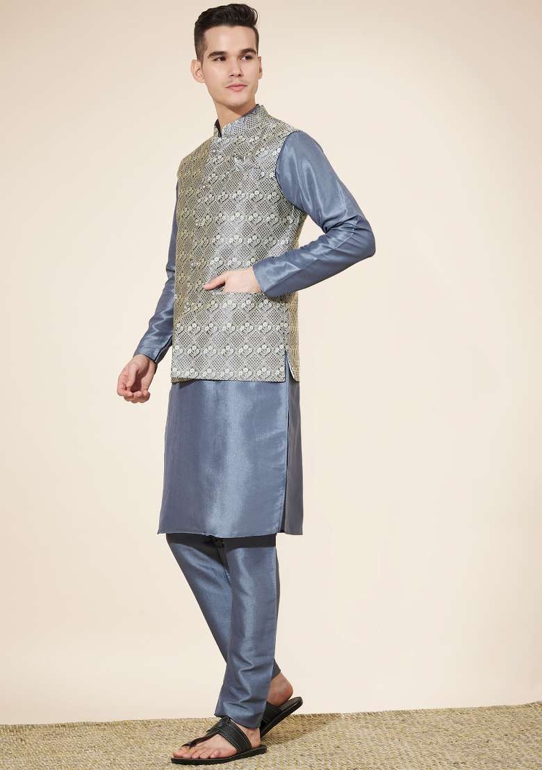 Grey Embroidered Jacquard Nehru Jacket Set For Men - Indya