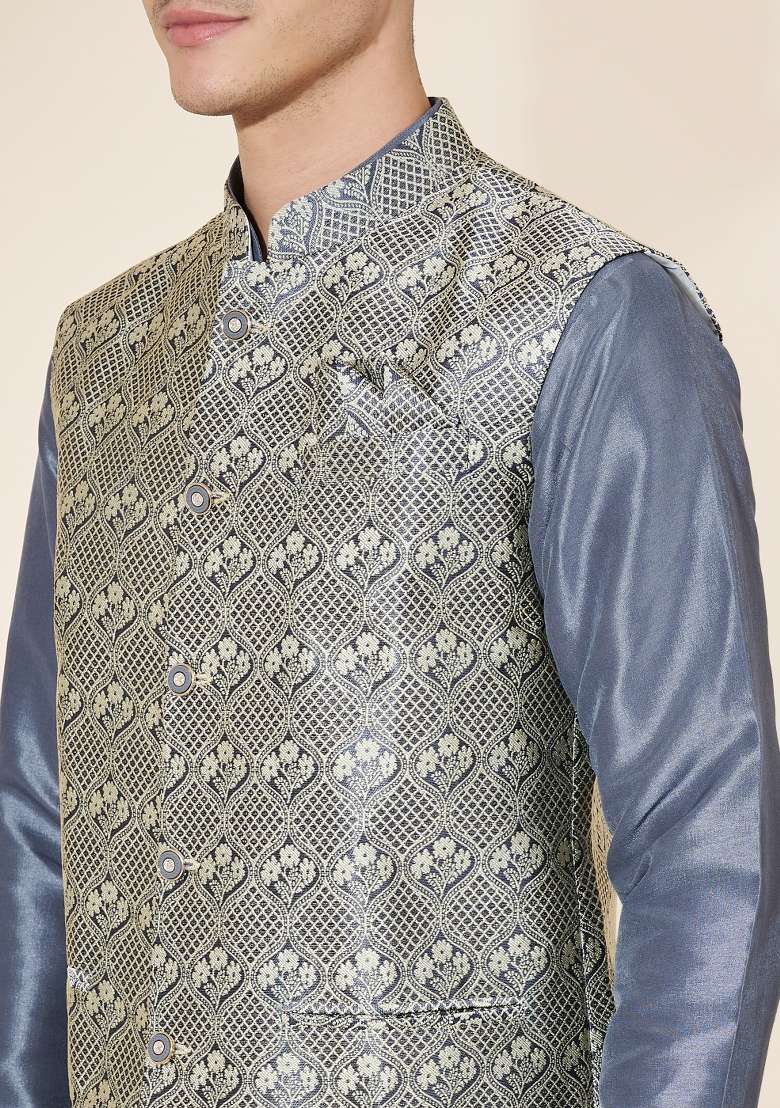 Grey Embroidered Jacquard Nehru Jacket Set For Men - Indya
