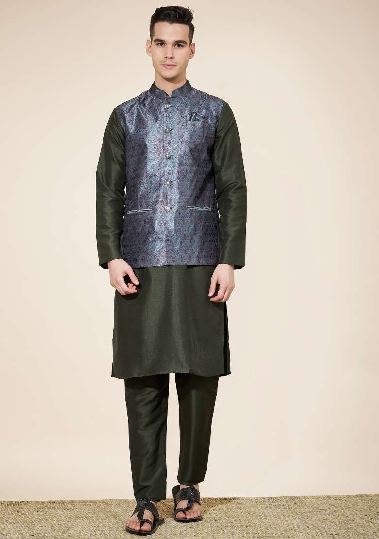 Green Embroidered Jacquard Nehru Jacket Set For Men - Indya