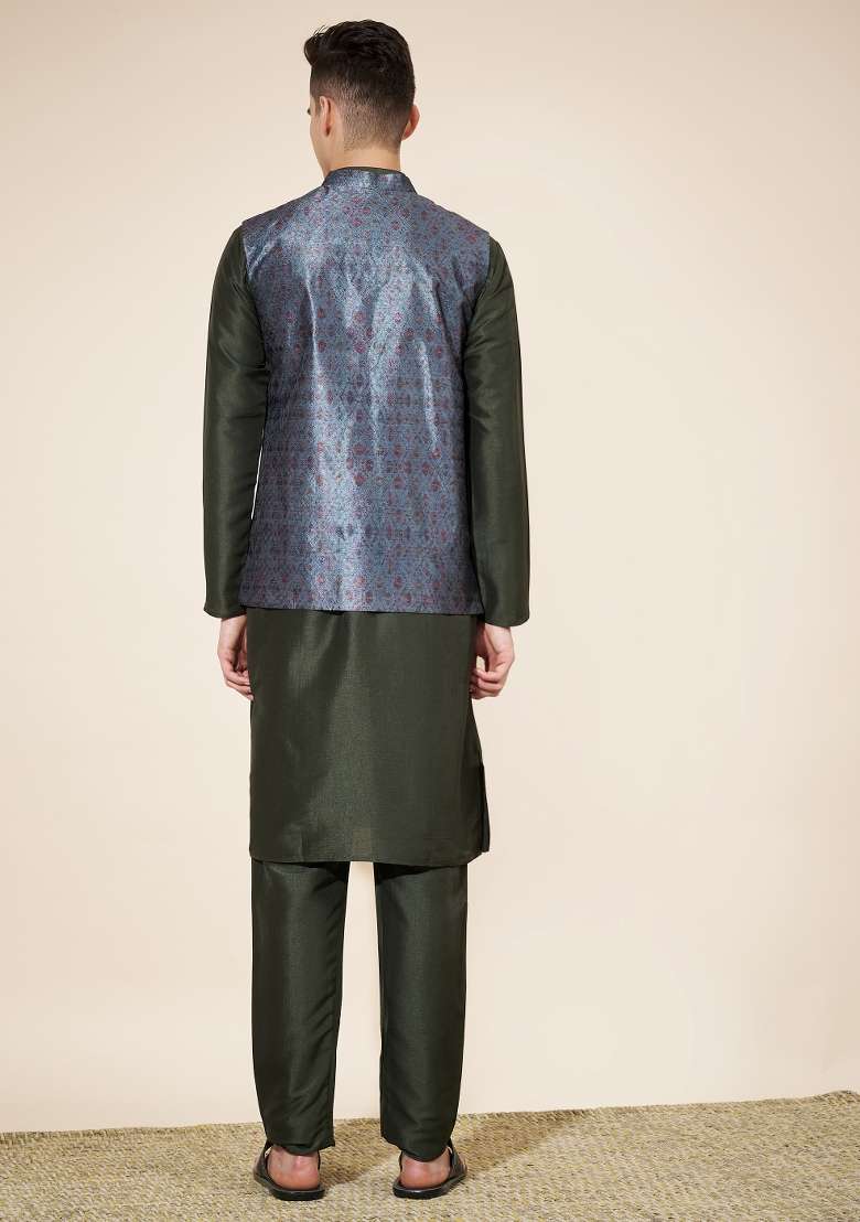 Green Embroidered Jacquard Nehru Jacket Set For Men - Indya