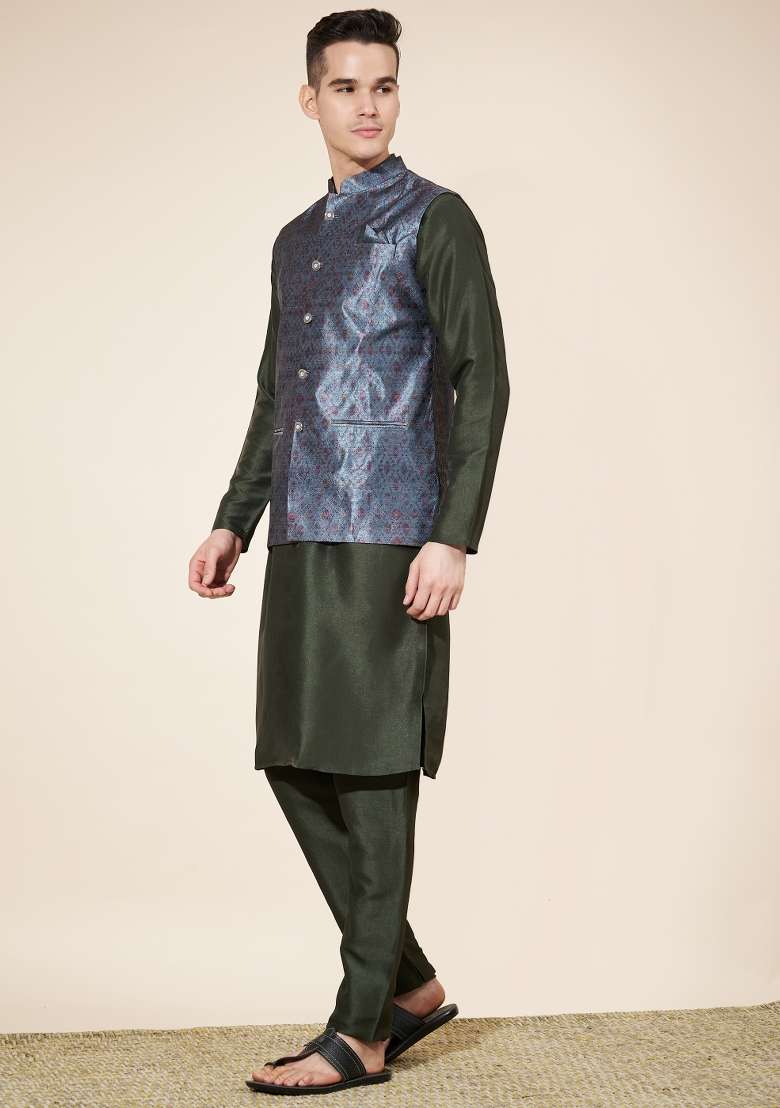 Green Embroidered Jacquard Nehru Jacket Set For Men - Indya