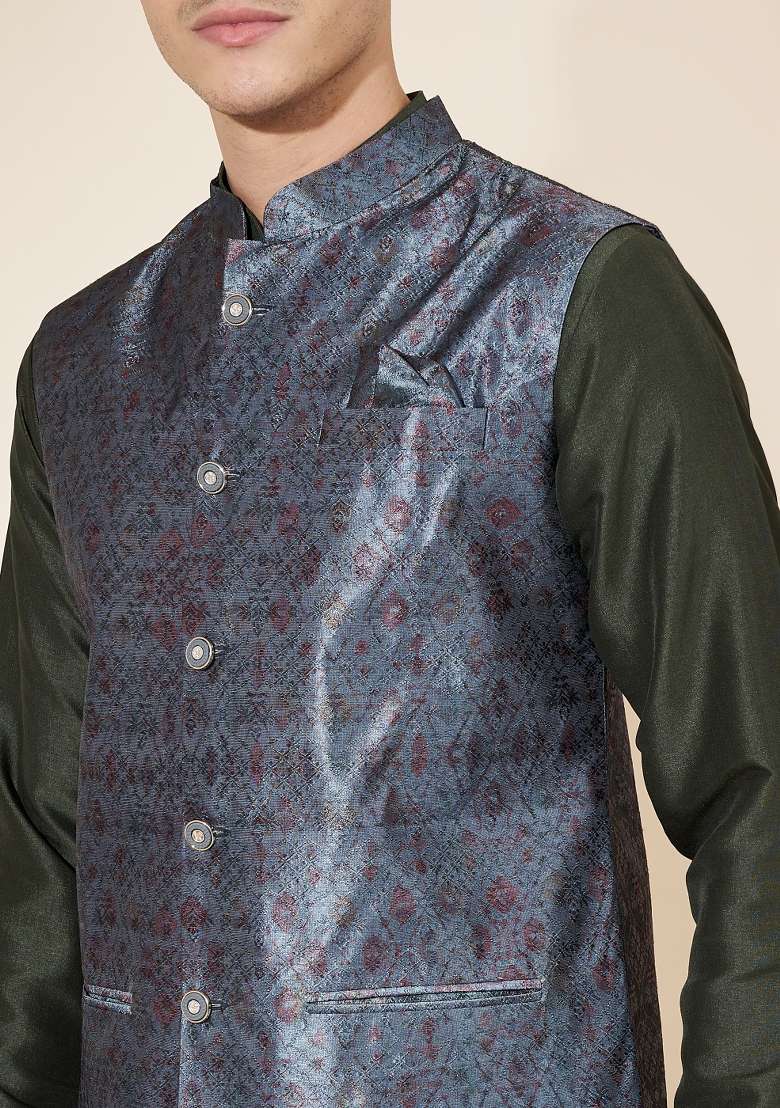 Green Embroidered Jacquard Nehru Jacket Set For Men - Indya