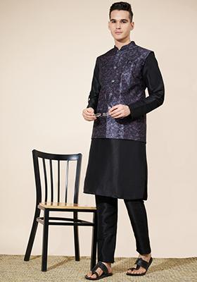 Black Embroidered Jacquard Nehru Jacket Set For Men