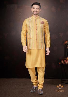 Yellow Embroidered Cotton Nehru Jacket Set For Men