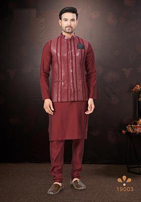 Maroon Embroidered Cotton Nehru Jacket Set For Men