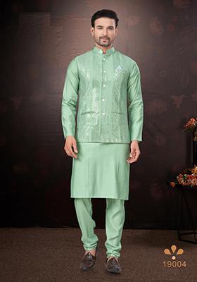 Green Embroidered Cotton Nehru Jacket Set For Men
