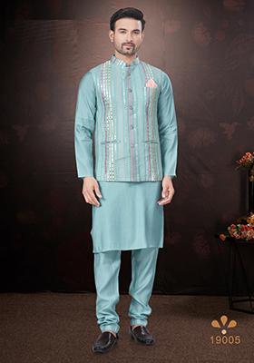 Sky Blue Embroidered Cotton Nehru Jacket Set For Men