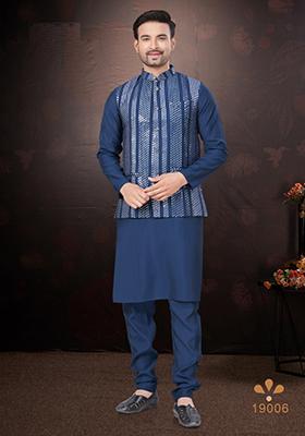 Blue Embroidered Cotton Nehru Jacket Set For Men