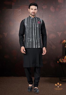 Black Embroidered Cotton Nehru Jacket Set For Men