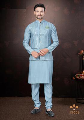 Sky Blue Embroidered Cotton Nehru Jacket Set For Men