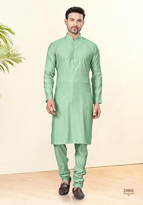Pista Green Embroidered Cotton Kurta Set For Men