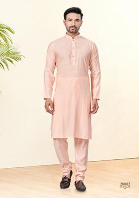 Pink Embroidered Cotton Kurta Set For Men
