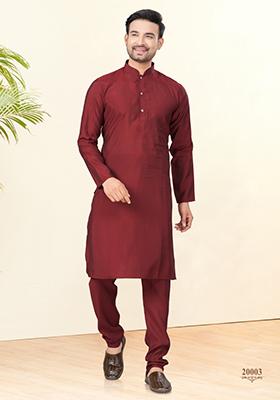 Maroon Embroidered Cotton Kurta Set For Men