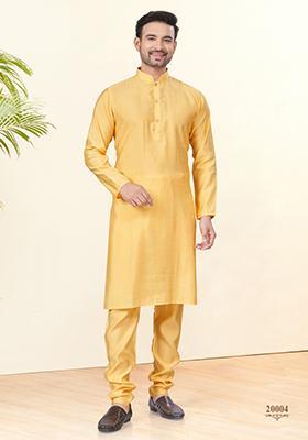 Yellow Embroidered Cotton Kurta Set For Men