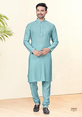 Sky Blue Embroidered Cotton Kurta Set For Men