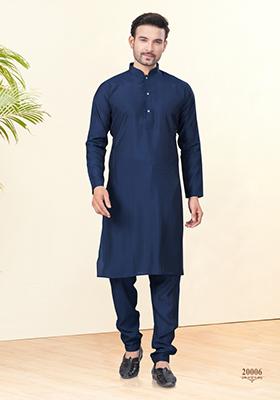 Blue Embroidered Cotton Kurta Set For Men