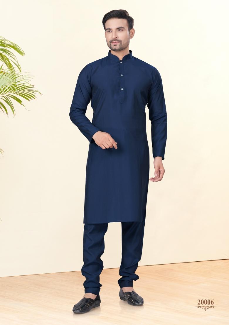 Blue Embroidered Cotton Kurta Set For Men - Indya