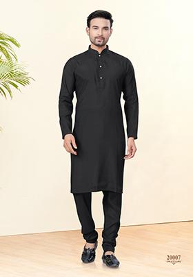 Black Embroidered Cotton Kurta Set For Men