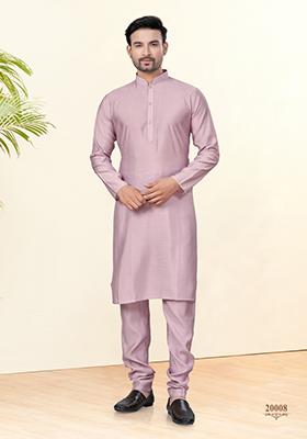 Peach Embroidered Cotton Kurta Set For Men