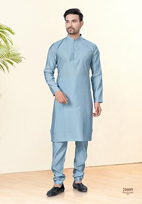 Sky Blue Embroidered Cotton Kurta Set For Men