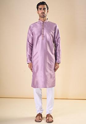 Light Purple Printed Silk Kurta Set For Men
