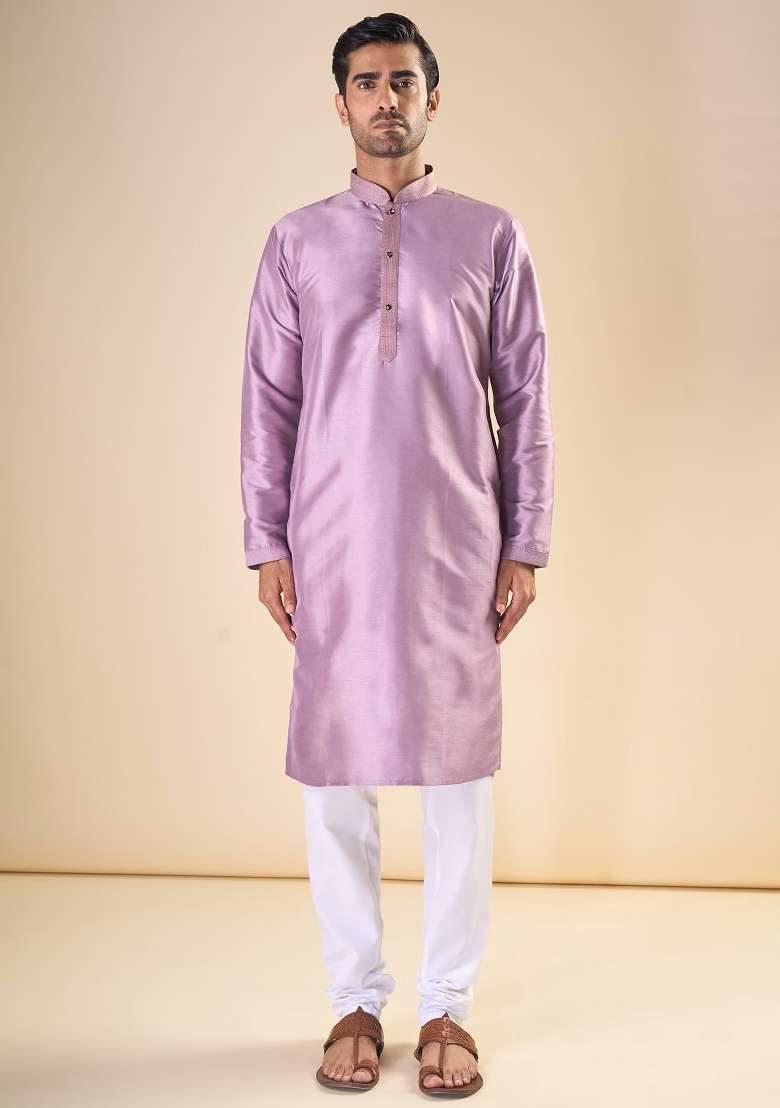 Light Purple Printed Silk Blend Kurta Set For Men - Indya