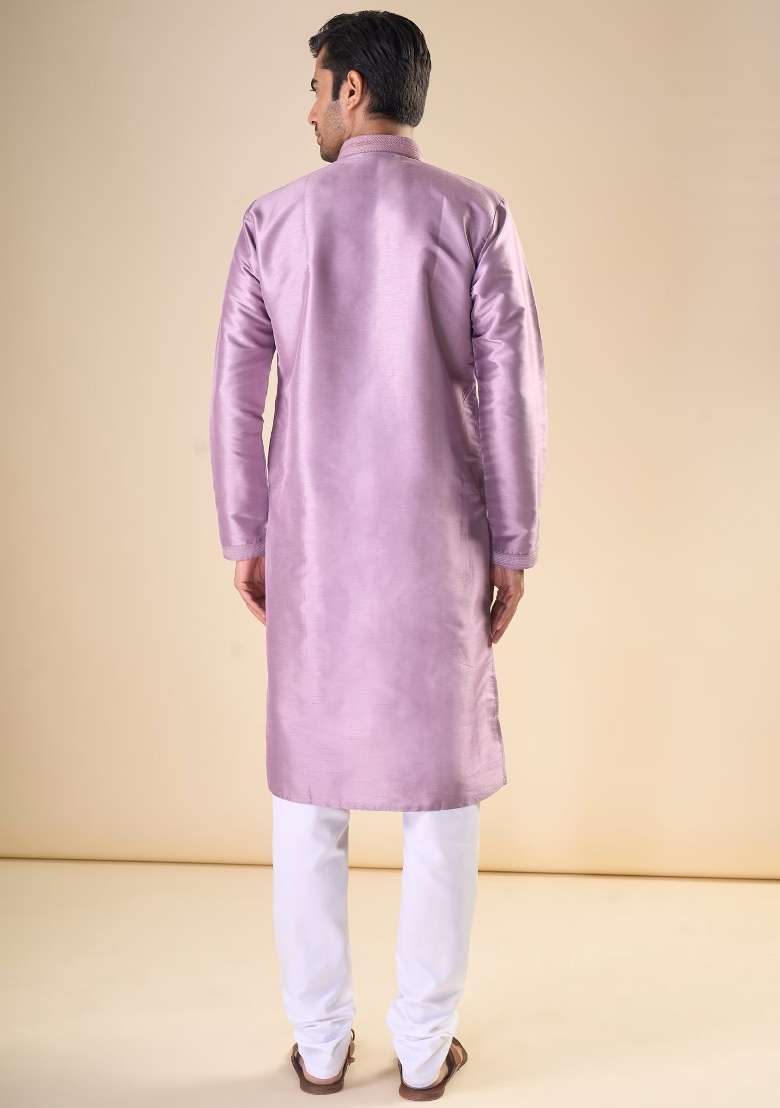 Light Purple Printed Silk Blend Kurta Set For Men - Indya