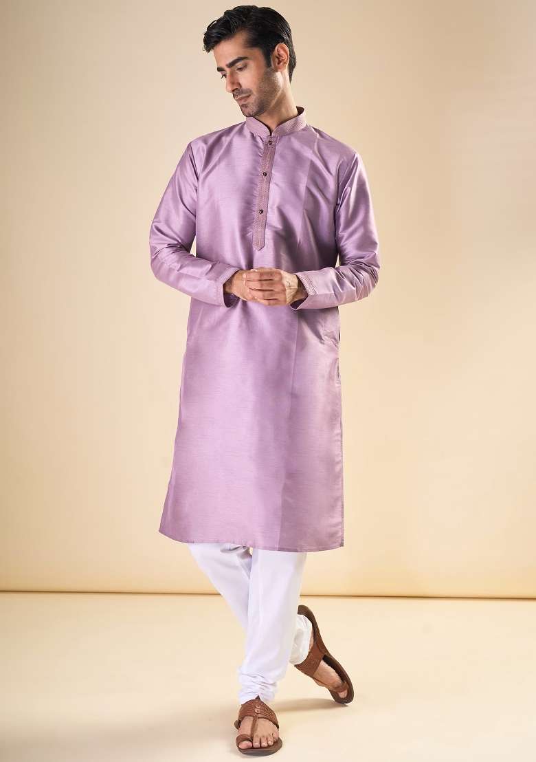 Light Purple Printed Silk Blend Kurta Set For Men - Indya